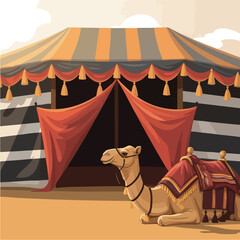 A camel rests in front of a traditional Bedouin tent.