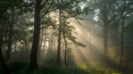 Obraz premium Forest covered in soft morning fog Natural beauty of early light and mist.