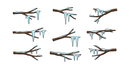 Fototapeta premium Collection of frozen branches with icicles in hand-drawn style