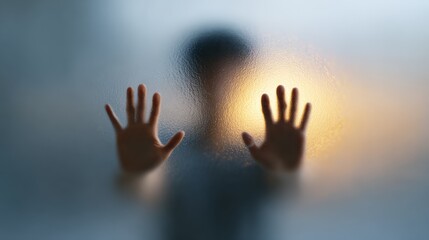 Blurred figure pressing both hands against a translucent textured glass wall, representing feelings of loneliness, isolation, and being trapped or confined with a warm light appearing behind