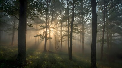 Forest covered in soft morning fog
Natural beauty of early light and mist.