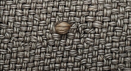 Close up macro view of a small green insect larva or nymph on a textured grey woven fabric surface