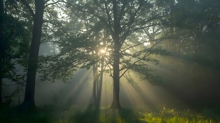 Obraz premium Forest covered in soft morning fog Natural beauty of early light and mist.