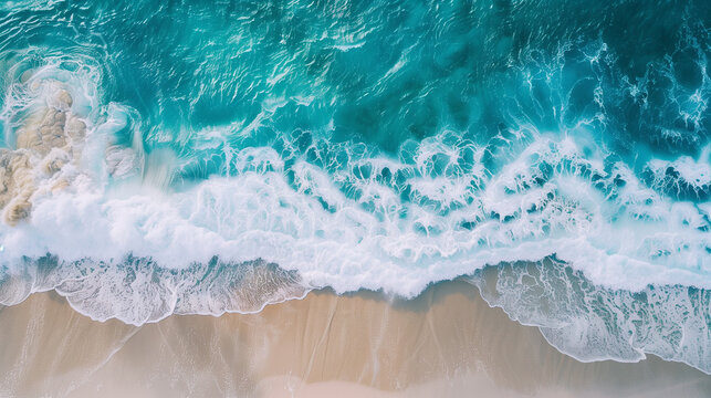 Aerial top view of turquoise ocean waves meeting white sandy shore