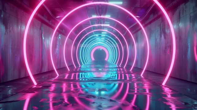 Circular neon rings glowing in magenta and cyan tunnel