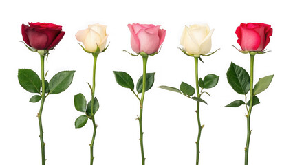 Five colorful roses isolated on transparent background