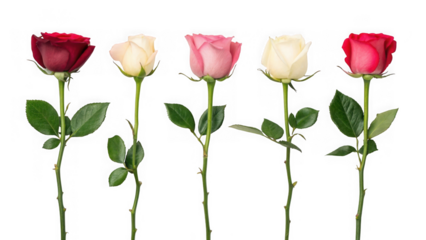 Five colorful roses isolated on transparent background