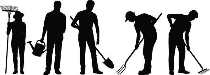 Gardening silhouette illustration, people with tools, rake shovel watering can, outdoor activity vector, lifestyle design, isolated black figure artwork