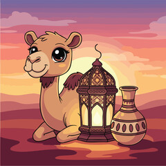 Cute cartoon camel with traditional lantern and vase.