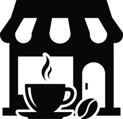 Iconic coffee shop building with steaming cup and bean