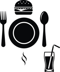Simple silhouette of a burger meal with drink and utensils