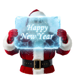 Santa Claus in a red suit holds an ice block with the text 'Happy New Year'. The background is transparent, emphasizing the festive message.
