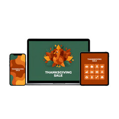 Thanksgiving sale promotional design featuring a turkey illustration on a green background. Includes a smartphone, tablet, and laptop displaying sale graphics.