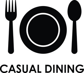 Simple black silhouette of plate fork and spoon with casual dining text