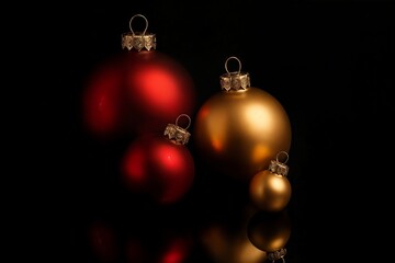 Red and Gold Christmas Ornaments on Black Background