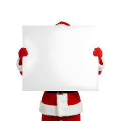 A man dressed as Santa Claus holds a large blank sign. He wears a traditional red suit with white fur trim and red gloves. The background is transparent, isolated, and PNG format.