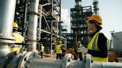 Female engineer in a yellow hard hat and safety vest inspecting a large industrial plant with pipelines in the foreground.