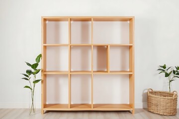 Fototapeta premium Generative AI: A modern wooden bookshelf with plants and basket.