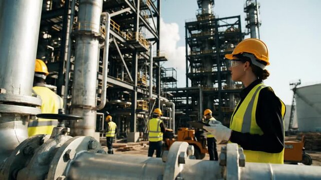Female engineer in a yellow hard hat and safety vest inspecting a large industrial plant with pipelines in the foreground.