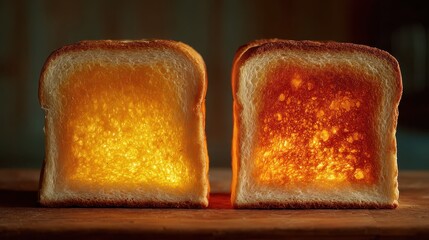Two Toasted Bread Slices Radiating Warm Amber Light On Dark Wood