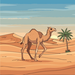 Camel Walking in Desert Landscape Illustration.