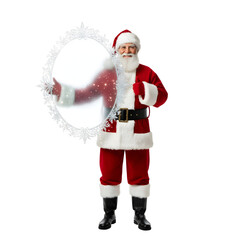 Santa Claus in a red suit holds a decorative mirror with snowflakes. He has a white beard and is wearing black boots. The background is transparent.