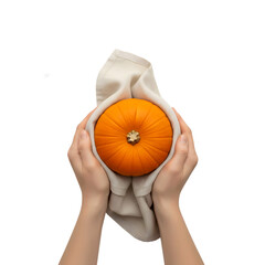 Two hands holding a bright orange pumpkin wrapped in a light beige cloth. The background is transparent, emphasizing the pumpkin's vibrant color.