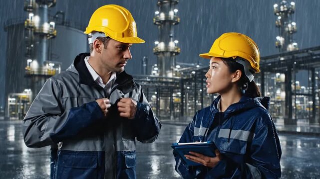 Two workers in safety gear discussing something in front of an industrial facility under the rain.