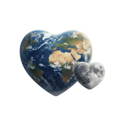 A heart-shaped Earth with a smaller heart-shaped moon, both isolated on a transparent background. The Earth features continents and oceans, while the moon is gray and textured.