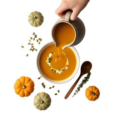 A hand pours pumpkin soup from a jug into a white bowl. Surrounding elements include small pumpkins, pumpkin seeds, and a wooden spoon on a black background.