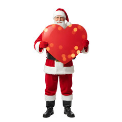 Santa Claus in a red suit holds a large red heart with bokeh lights. The background is transparent, making it suitable for various designs.