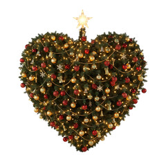 Heart-shaped Christmas tree decorated with colorful ornaments and lights. A star sits on top. Isolated on a transparent background.