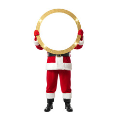 Santa Claus in a red suit holds a large golden ring. The background is transparent, emphasizing the isolated figure. Ideal for holiday-themed designs.