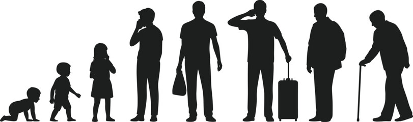Human life stages silhouette, baby to elderly, growth and aging illustration, demographic study vector, lifestyle design, isolated black figure art