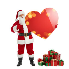 Santa Claus in a red suit holds a large heart-shaped decoration. Colorful gift boxes are stacked nearby. Transparent background, isolated PNG.