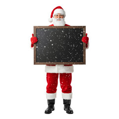 Santa Claus in a red suit holds a blank chalkboard. He has a white beard and is wearing red gloves. The background is transparent, isolated PNG format.
