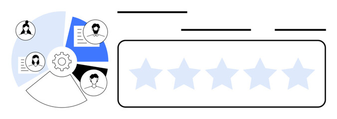 Gear connecting profiles, document data, and blue segment show team collaboration, with a five-star rating panel. Ideal for teamwork, feedback, communication, project management, quality assessment