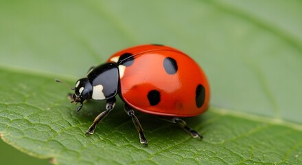 Fototapeta premium Macro closeup of a red ladybug with black spots resting on a vibrant green leaf