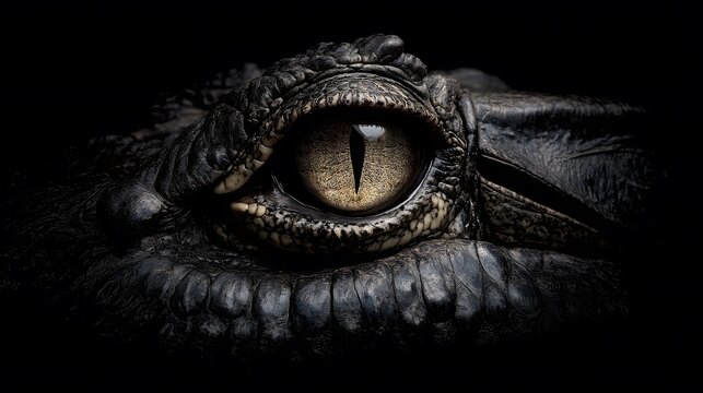 Detailed  showcases the eye of a reptile with striking yellow and black tones, creating a captivating focus on the textured scales and the creature's intense gaze