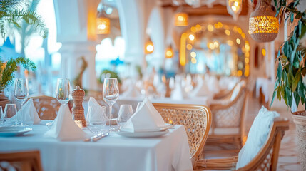 Exquisite resort dining setting with refined table arrangements, rattan chairs, and warm, blurred backdrop of lights creating inviting, luxurious ambiance