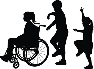 Inclusive children silhouette, wheelchair and dancing kids, diversity awareness vector, childhood activity design, isolated black artwork, accessibility lifestyle graphic