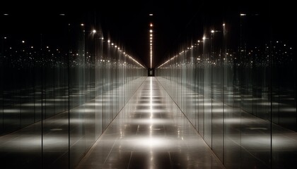 A symmetrical, illuminated corridor with reflective walls creating an infinite effect, emphasizing modern architecture and minimalistic design aesthetics.
