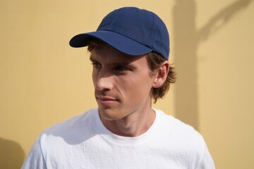 Young Man in Navy Cap Against Yellow Background Exudes Casual Confidence and Style