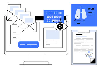 Desktop screen with emails, binary code, health records, lung diagram, and clipboard. Ideal for healthcare, technology, data privacy telemedicine diagnostics cybersecurity patient care. Simple