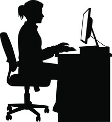 Office work silhouette, person at desk computer, workplace posture vector, business design artwork, isolated black figure, work from home graphic
