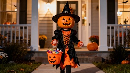 Adorable Pumpkin Head Child on Porch Ready for Halloween