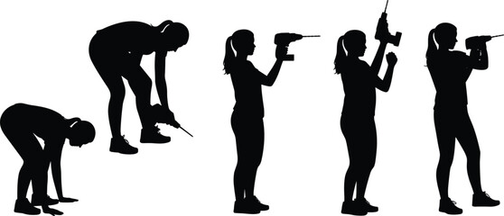 Power drill silhouette, woman using drill, construction worker illustration, ergonomic posture vector, DIY tool design, isolated black figure, handyman artwork