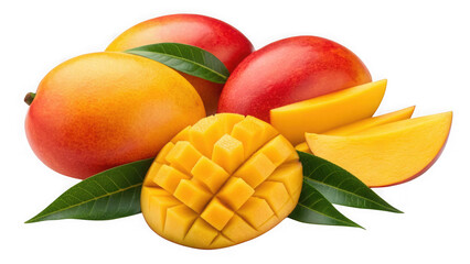 Fresh ripe mangoes, sliced and whole, with green leaves isolated on transparent background