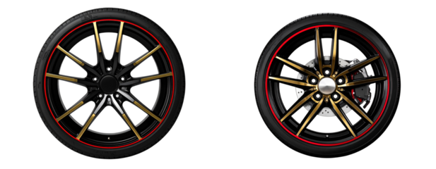 Gold and Black Alloy Wheel with Red Stripe Rim, Front View, Isolated on Transparent Background