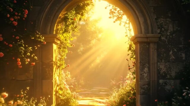 A Serene Passage: Golden Sunlight Illuminating a Secret Garden Pathway through an Archway